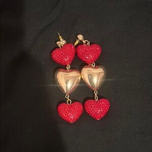 Gold and Red Heart Drop Earrings